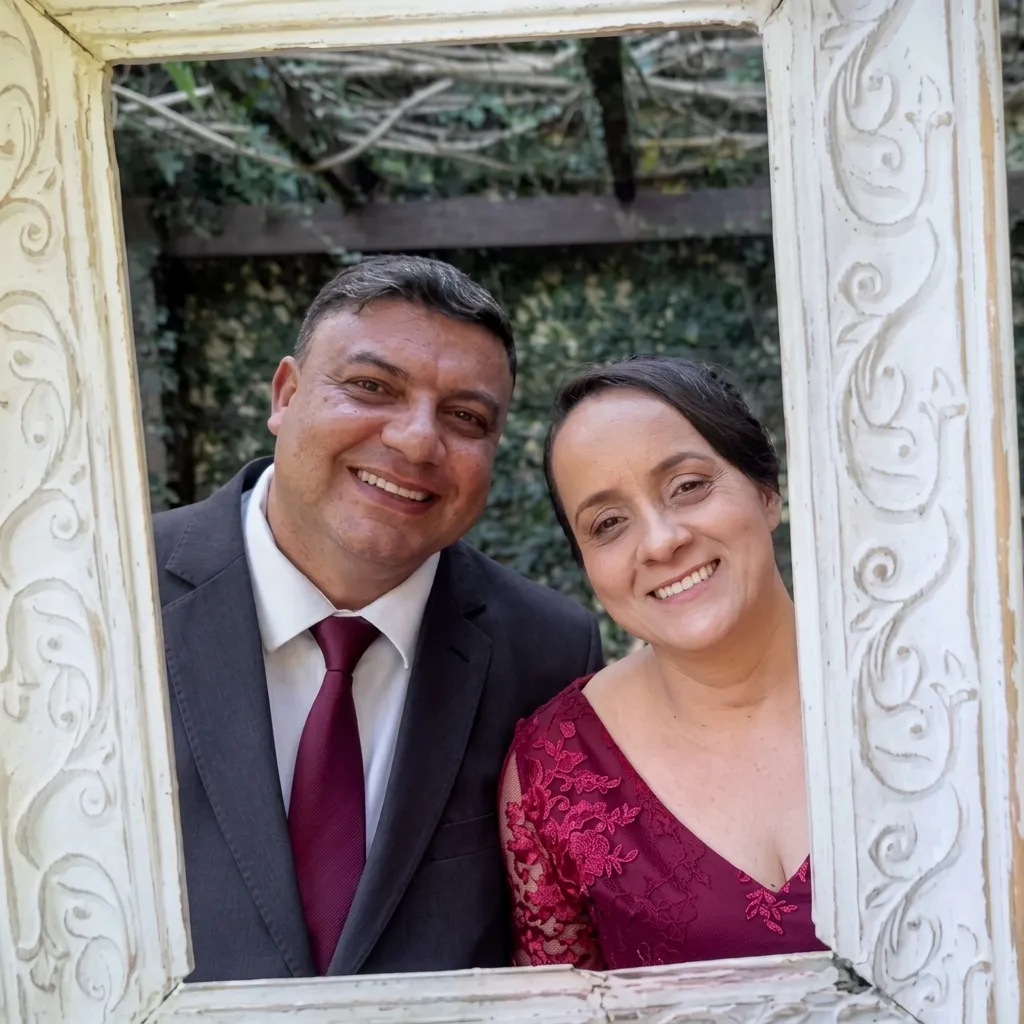 João e Renata sorrindo, emoldurados por uma moldura branca entalhada